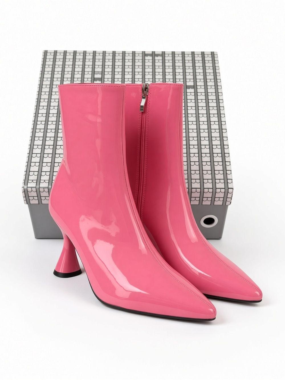 NEW BELLA Glossy Pink Patent Mid-Calf Heeled Boots with Side Zip